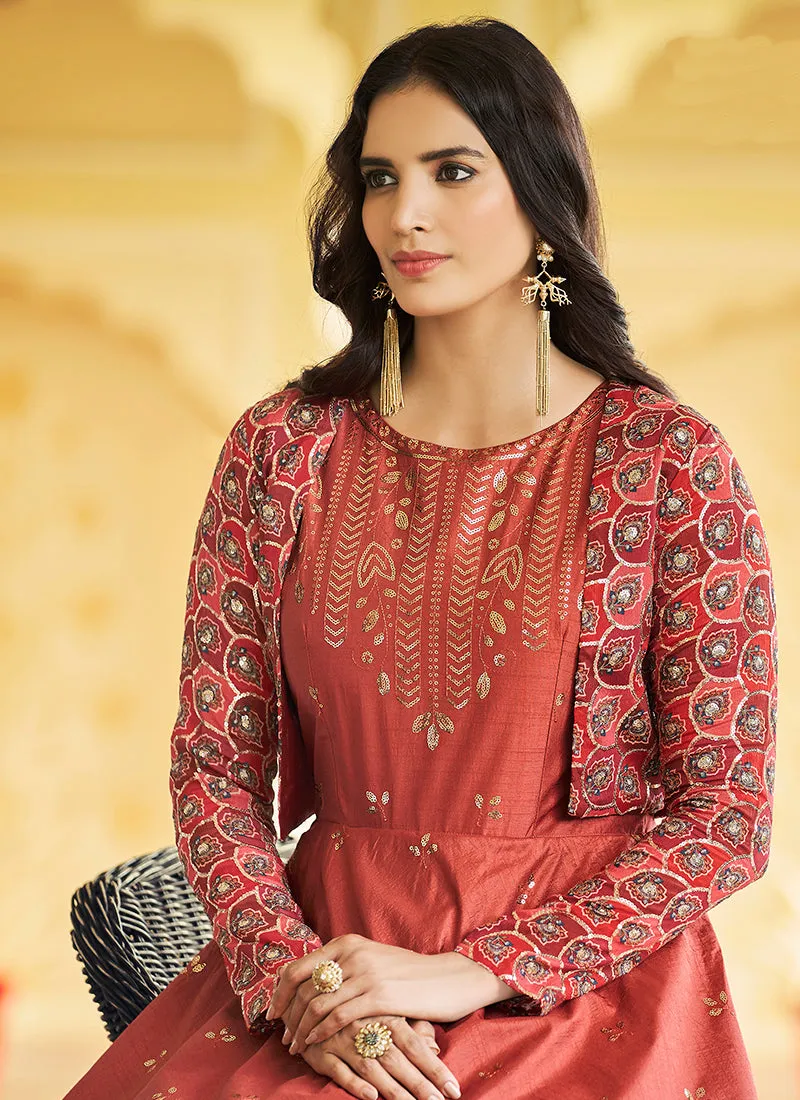 Burnt Orange Sequence Embroidered Anarkali Gown With Jacket