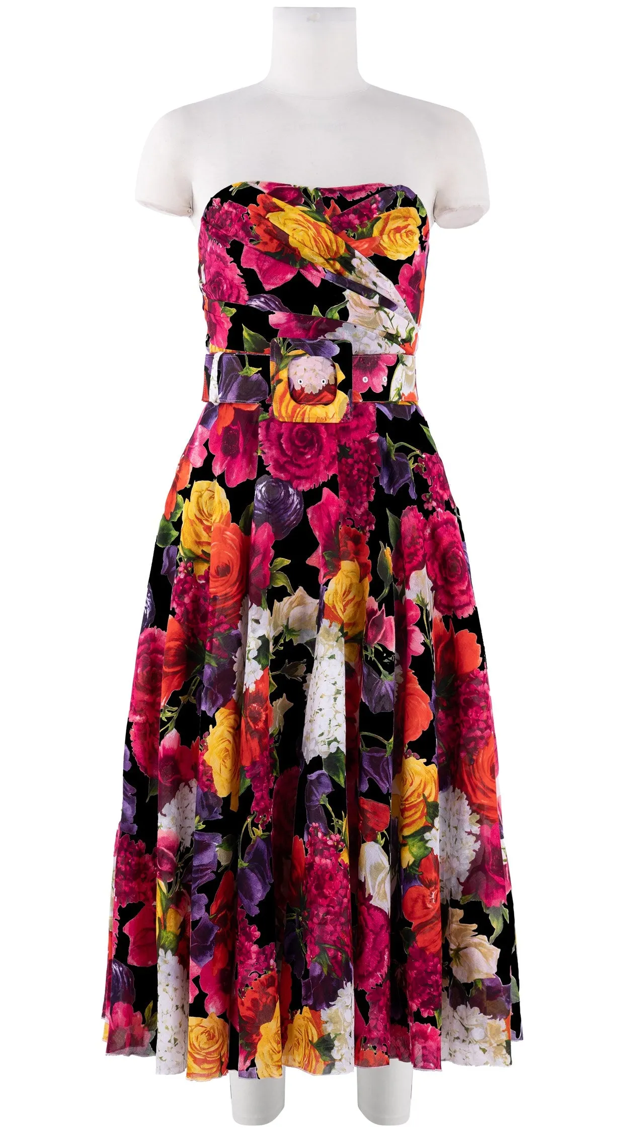 Carol Dress Tube Strapless with Hamilton Belt Midi Length Cotton Musola (Zinnia Flower)