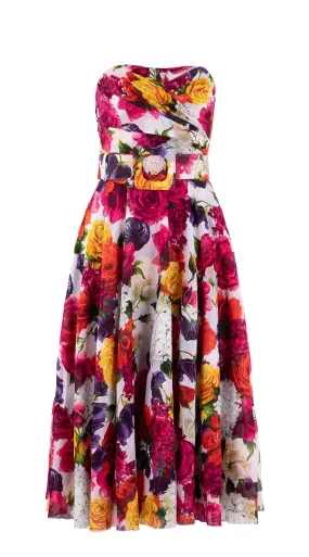 Carol Dress Tube Strapless with Hamilton Belt Midi Length Cotton Musola (Zinnia Flower)