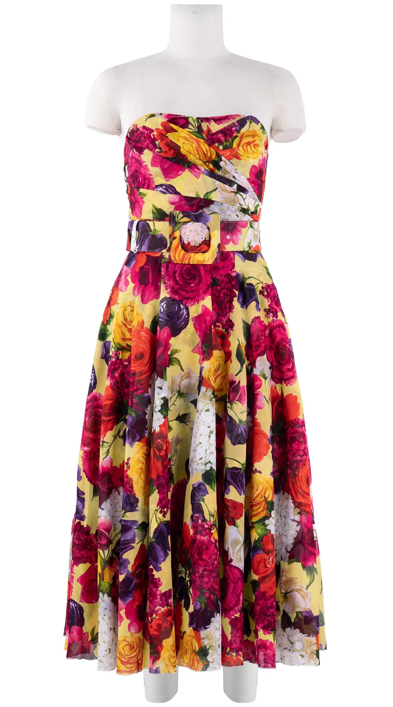 Carol Dress Tube Strapless with Hamilton Belt Midi Length Cotton Musola (Zinnia Flower)