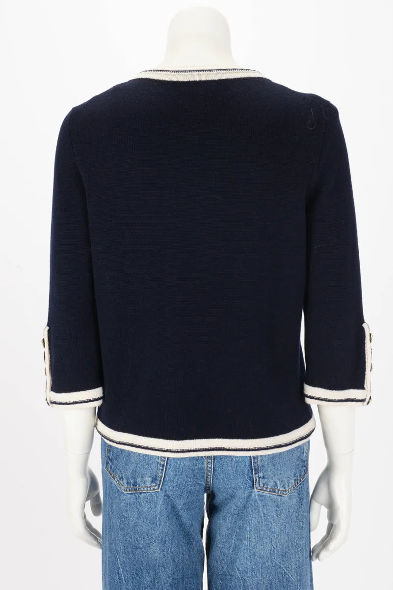 Chanel Navy & White Cashmere Gold Button Cardigan FR 42