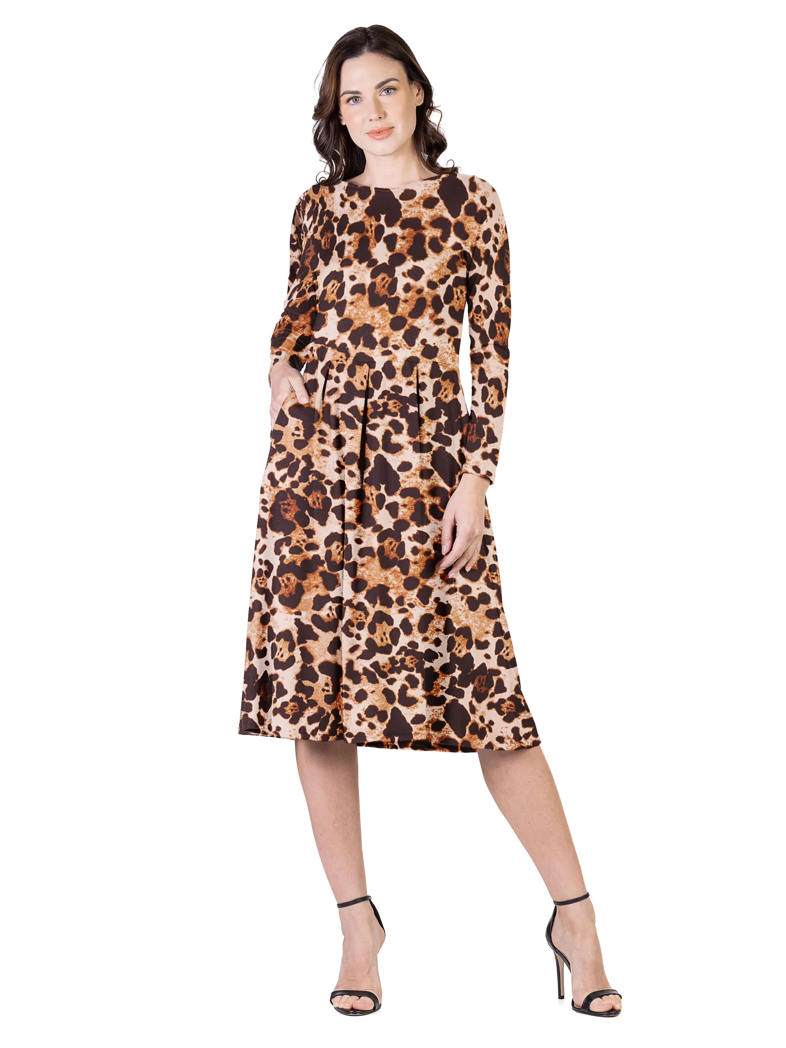 Cheetah Print Long Sleeve Pleated Midi Dress with Pockets