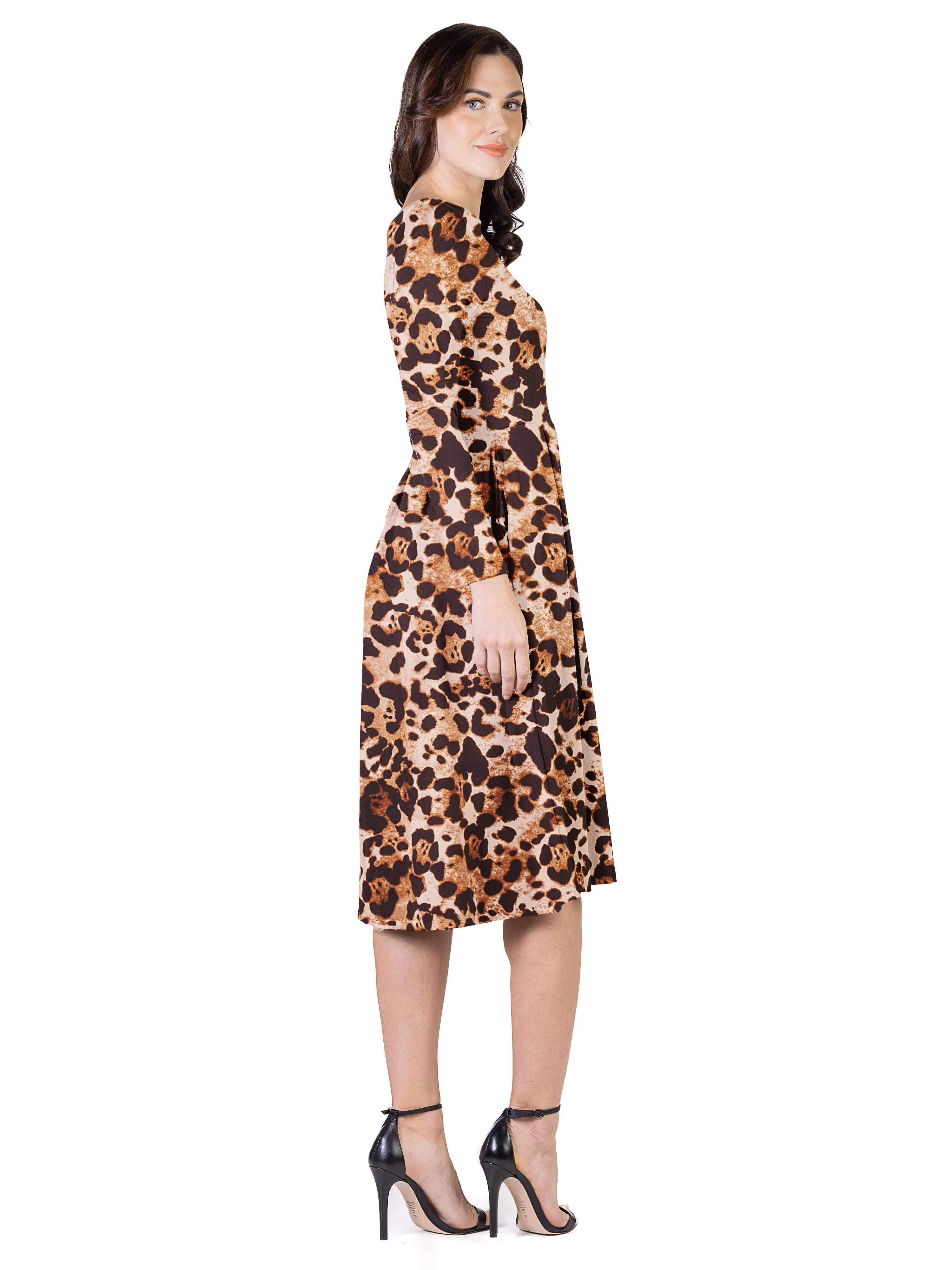 Cheetah Print Long Sleeve Pleated Midi Dress with Pockets