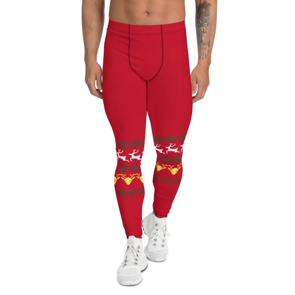 Christmas Festive Reindeer Meggings, Red Xmas Designer Men's Leggings-Made in USA/MX/EU