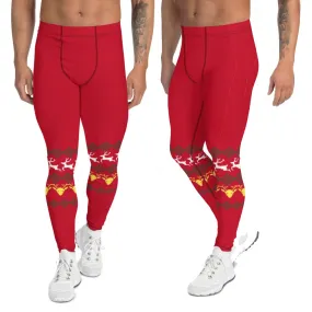 Christmas Festive Reindeer Meggings, Red Xmas Designer Men's Leggings-Made in USA/MX/EU