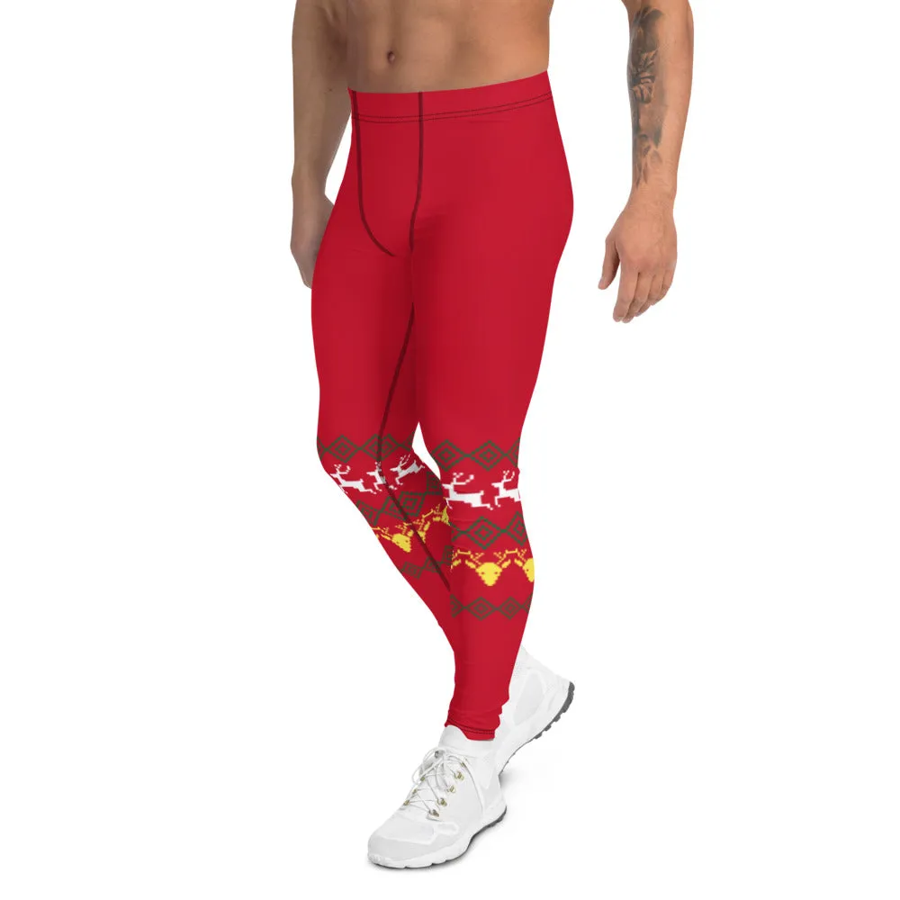 Christmas Festive Reindeer Meggings, Red Xmas Designer Men's Leggings-Made in USA/MX/EU