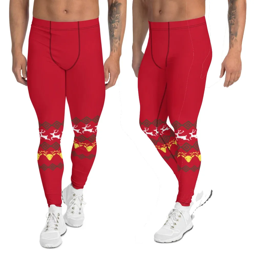 Christmas Festive Reindeer Meggings, Red Xmas Designer Men's Leggings-Made in USA/MX/EU