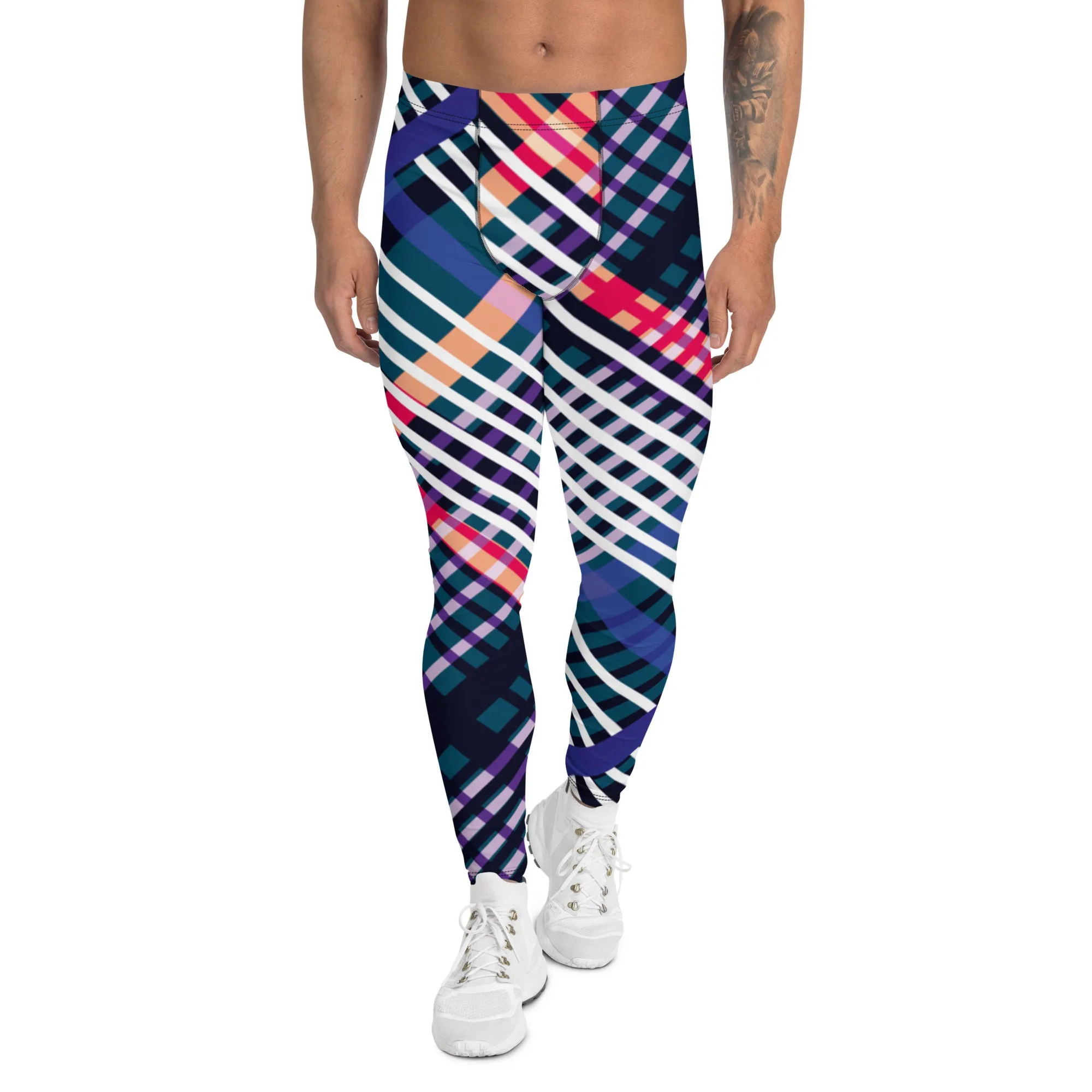 Colorful Plaid Print Men's Leggings, Classic Tartan Plaid Print Meggings Compression Christmas Tights-Made in USA/EU/MX