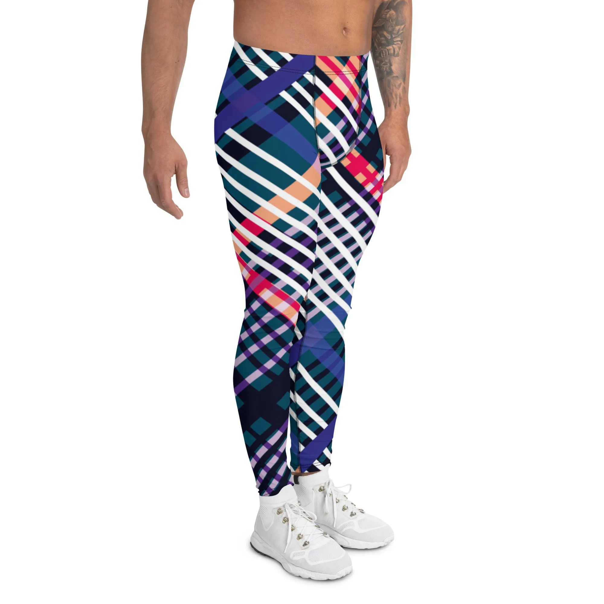 Colorful Plaid Print Men's Leggings, Classic Tartan Plaid Print Meggings Compression Christmas Tights-Made in USA/EU/MX