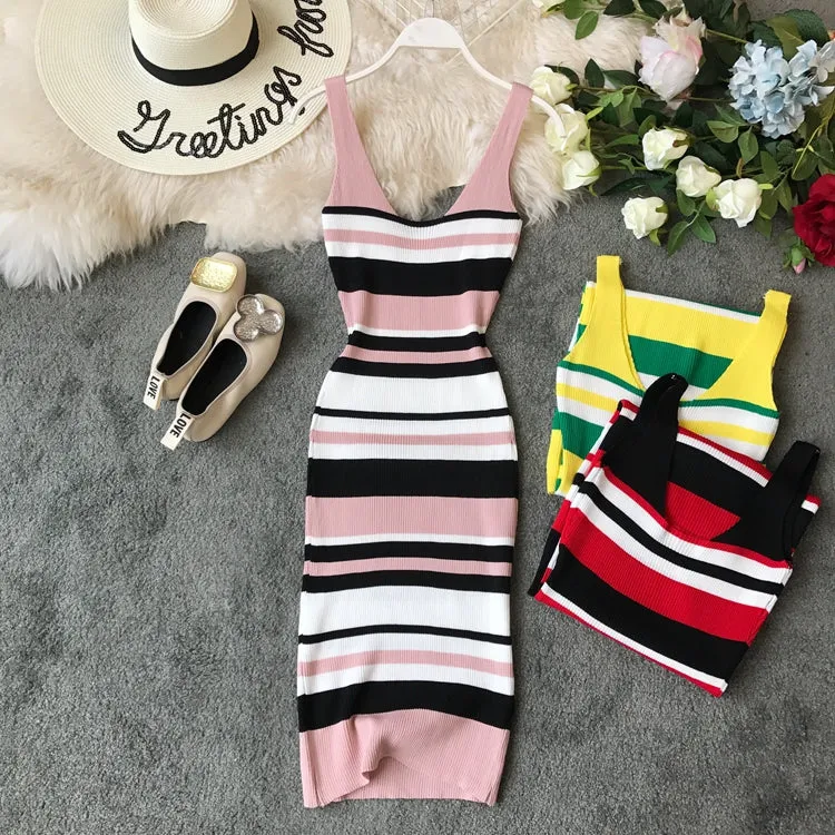 Contrast stripe V-neck vest skirt slim fit Hip Wrap Dress  3276