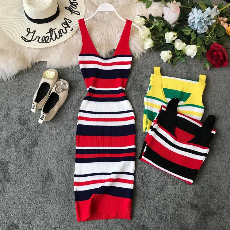 Contrast stripe V-neck vest skirt slim fit Hip Wrap Dress  3276