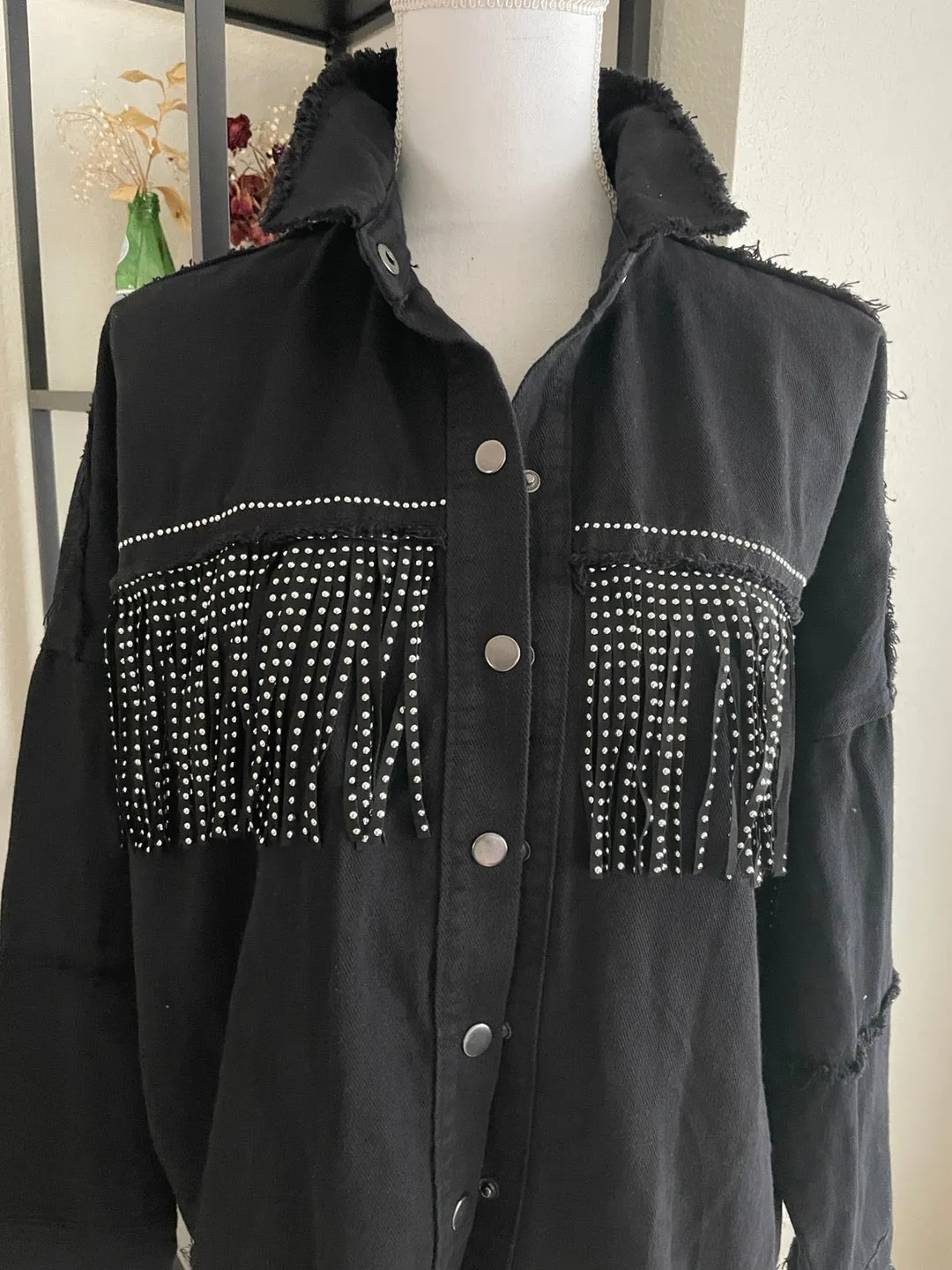 Copy of Mardi Gras jeans jacket /Fleur De Lis jeans jacket/ Rhinestone Fringe Trim Jacke