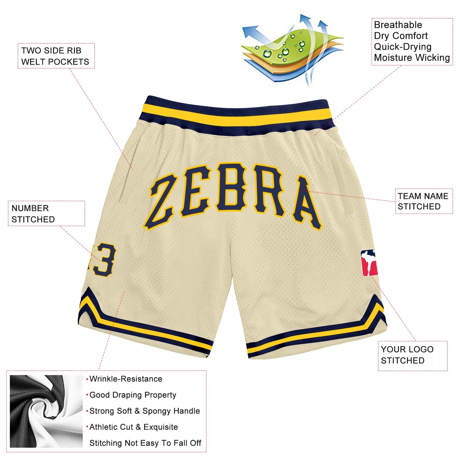 Custom Cream Navy-Gold Authentic Throwback Basketball Shorts