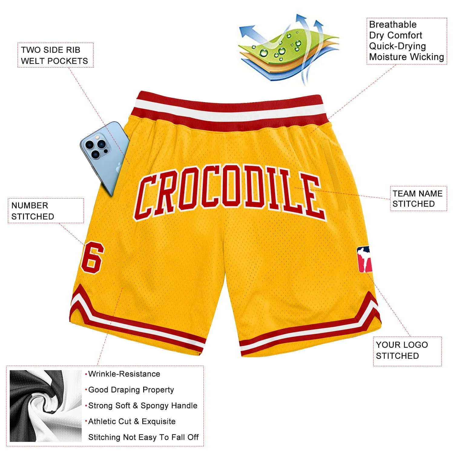 Custom Gold Red-White Authentic Throwback Basketball Shorts