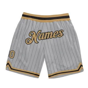 Custom Gray Black Pinstripe Old Gold-Black Authentic Basketball Shorts