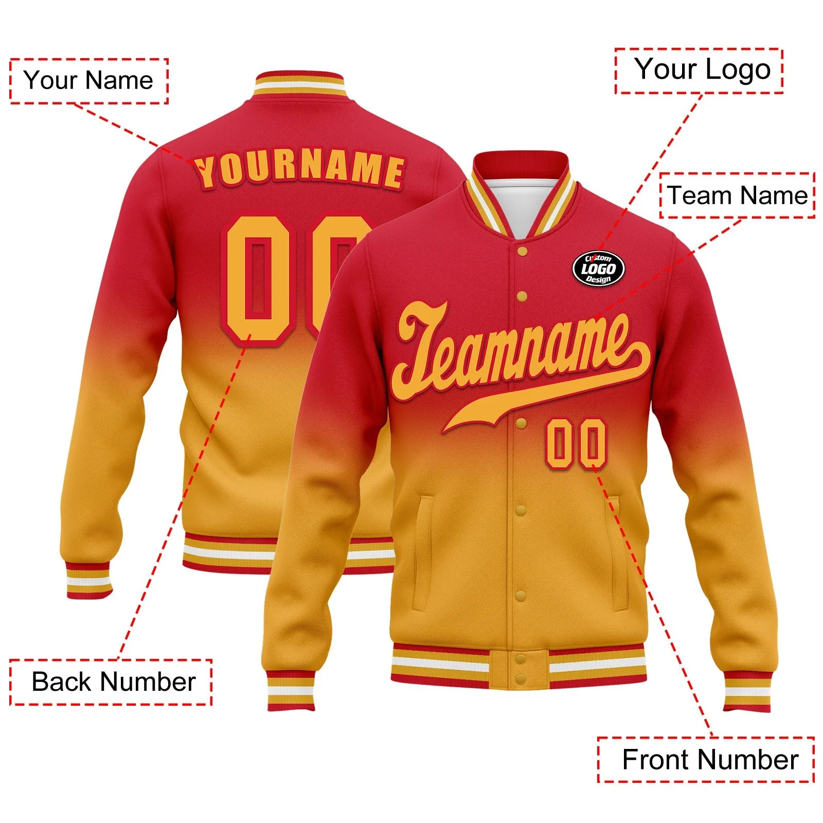 Custom Red Yellow Fade Fashion Jacket Bomber Full-Snap Varsity Letterman Personalized Jacket FZ005-D020229-14