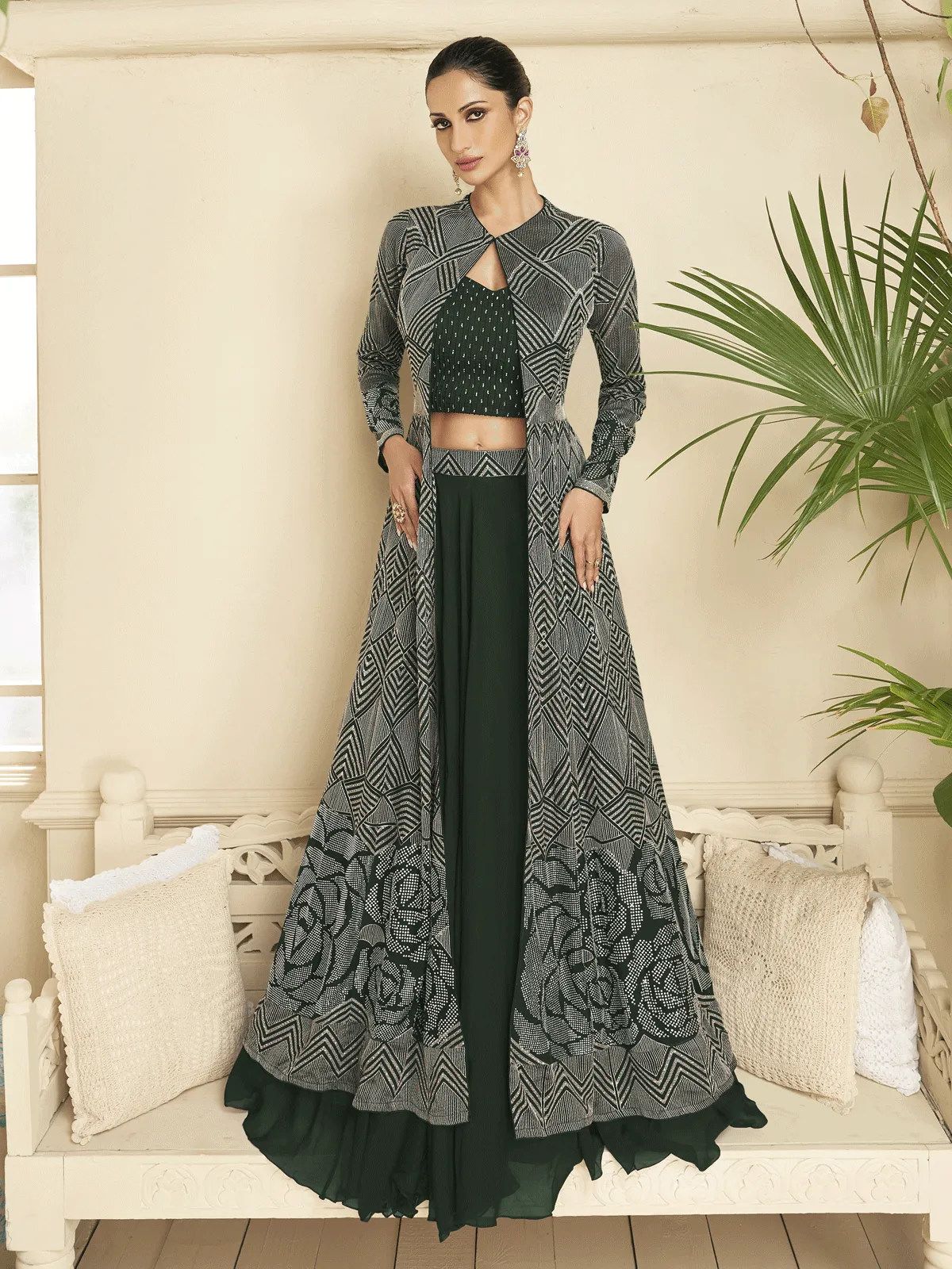 Dark Green Jacket Style Wedding Party Lehenga Skirt Suit