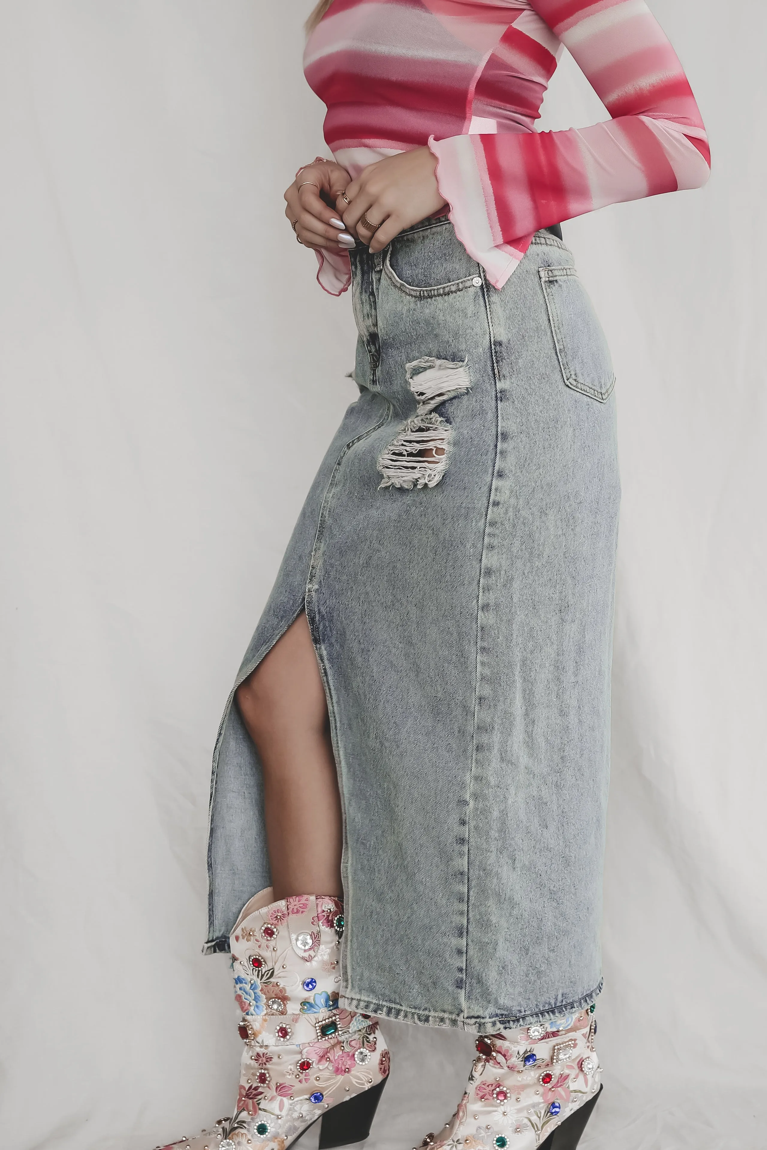 DEAL My Mind Is Made Distressed Denim Midi Skirt