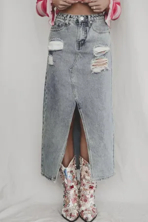 DEAL My Mind Is Made Distressed Denim Midi Skirt