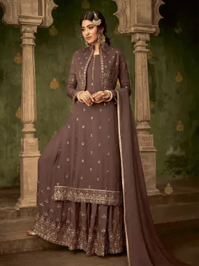 Deep Brown Golden Embroidered Koti Style Georgette Gharara Suit