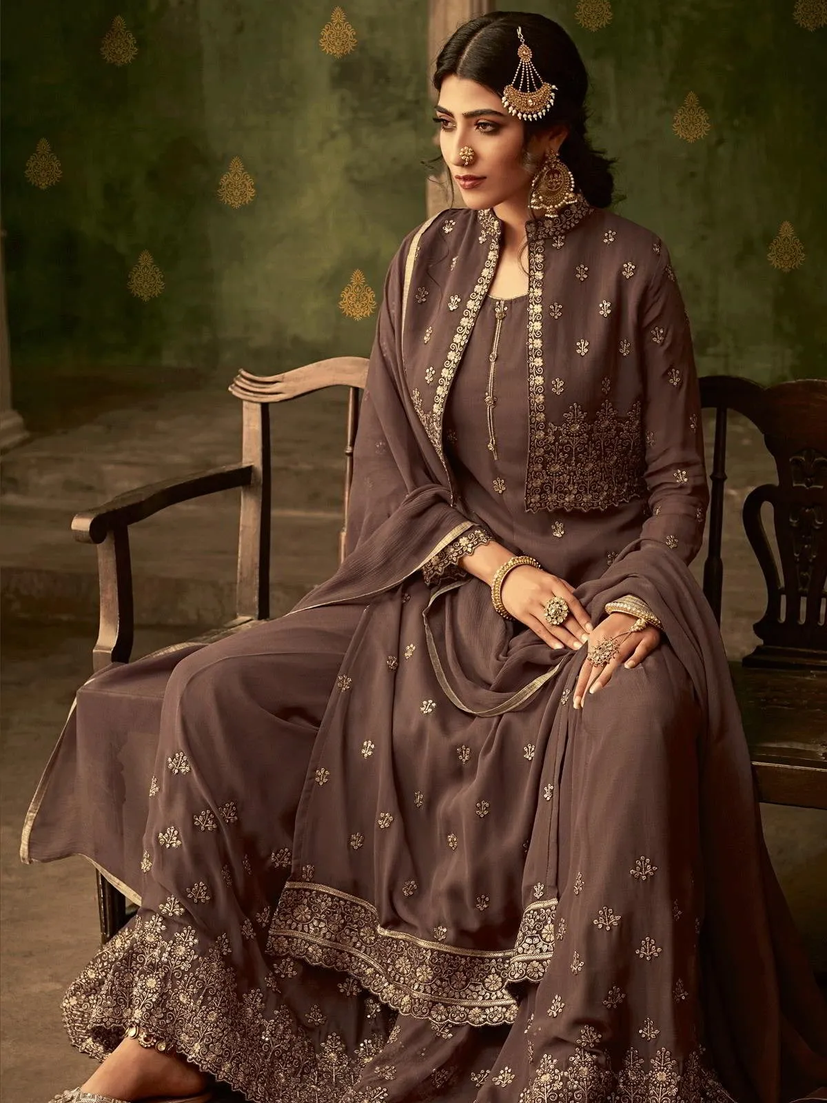 Deep Brown Golden Embroidered Koti Style Georgette Gharara Suit