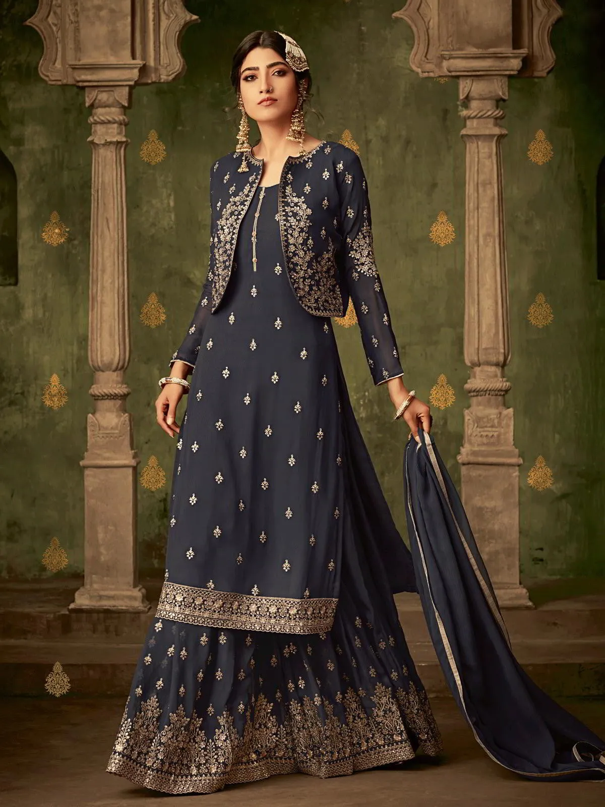 Deep Grey Golden Embroidered Koti Style Georgette Gharara Suit