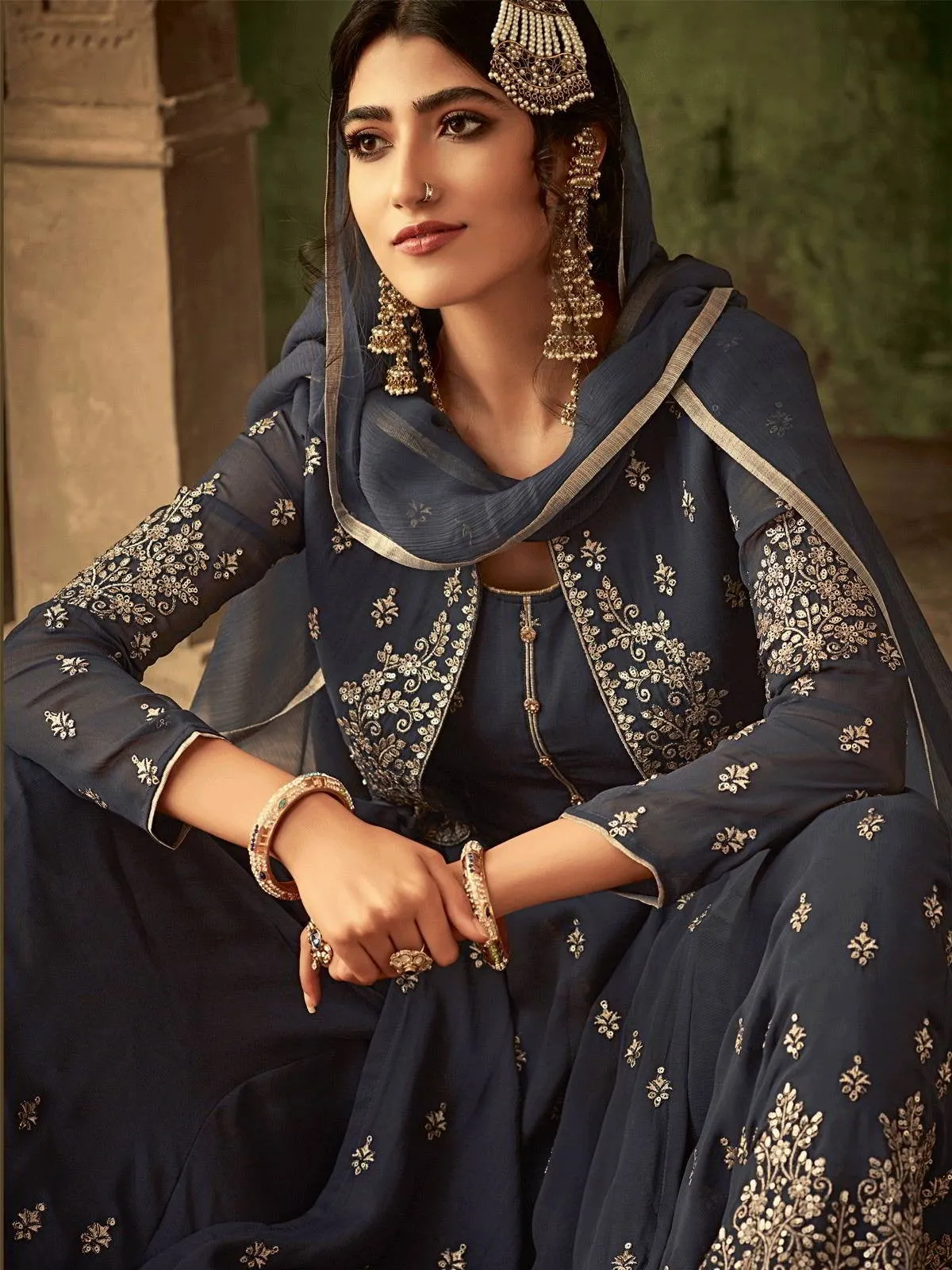 Deep Grey Golden Embroidered Koti Style Georgette Gharara Suit