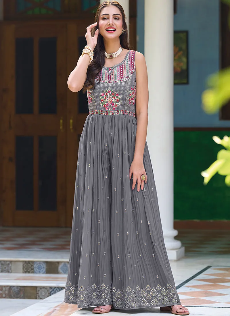 Deep Grey Multi Embroidered Flared Jumpsuit