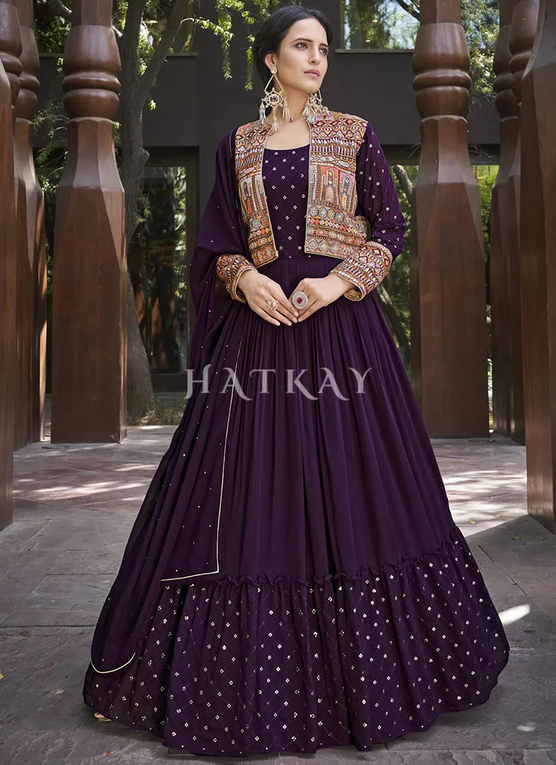 Deep Purple Embroidered Jacket Anarkali Gown