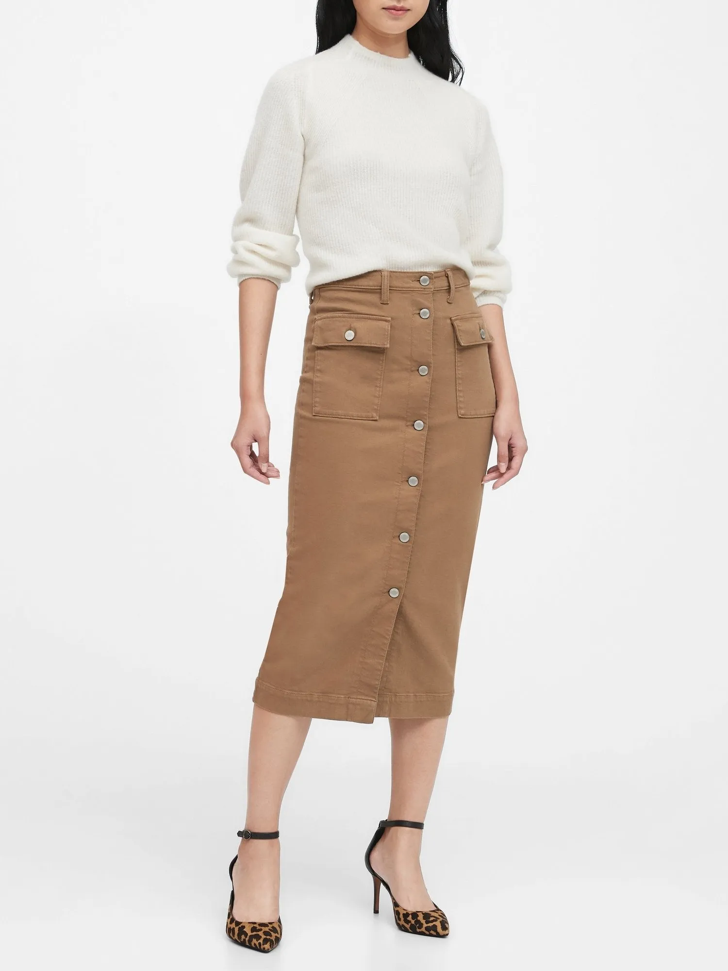 Denim Utility Midi Skirt In Stone