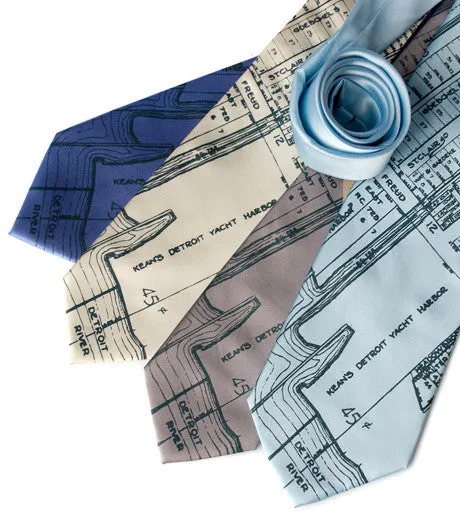 Detroit Map Silk Necktie, Detroit River & Marina