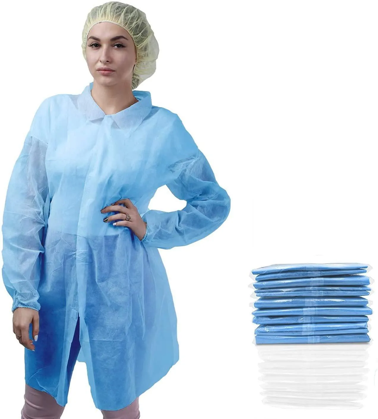 Disposable Lab Coats. Pack of 50 Blue Polypropylene Work Gowns