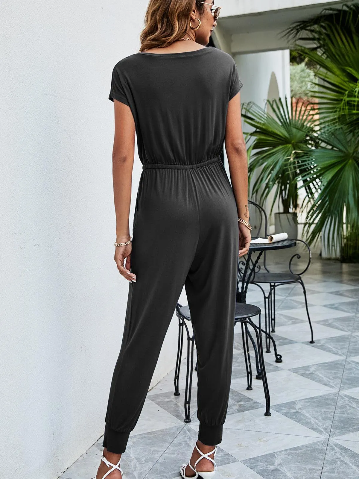 Drawstring Waist Short Sleeve Jogger Jumpsuit