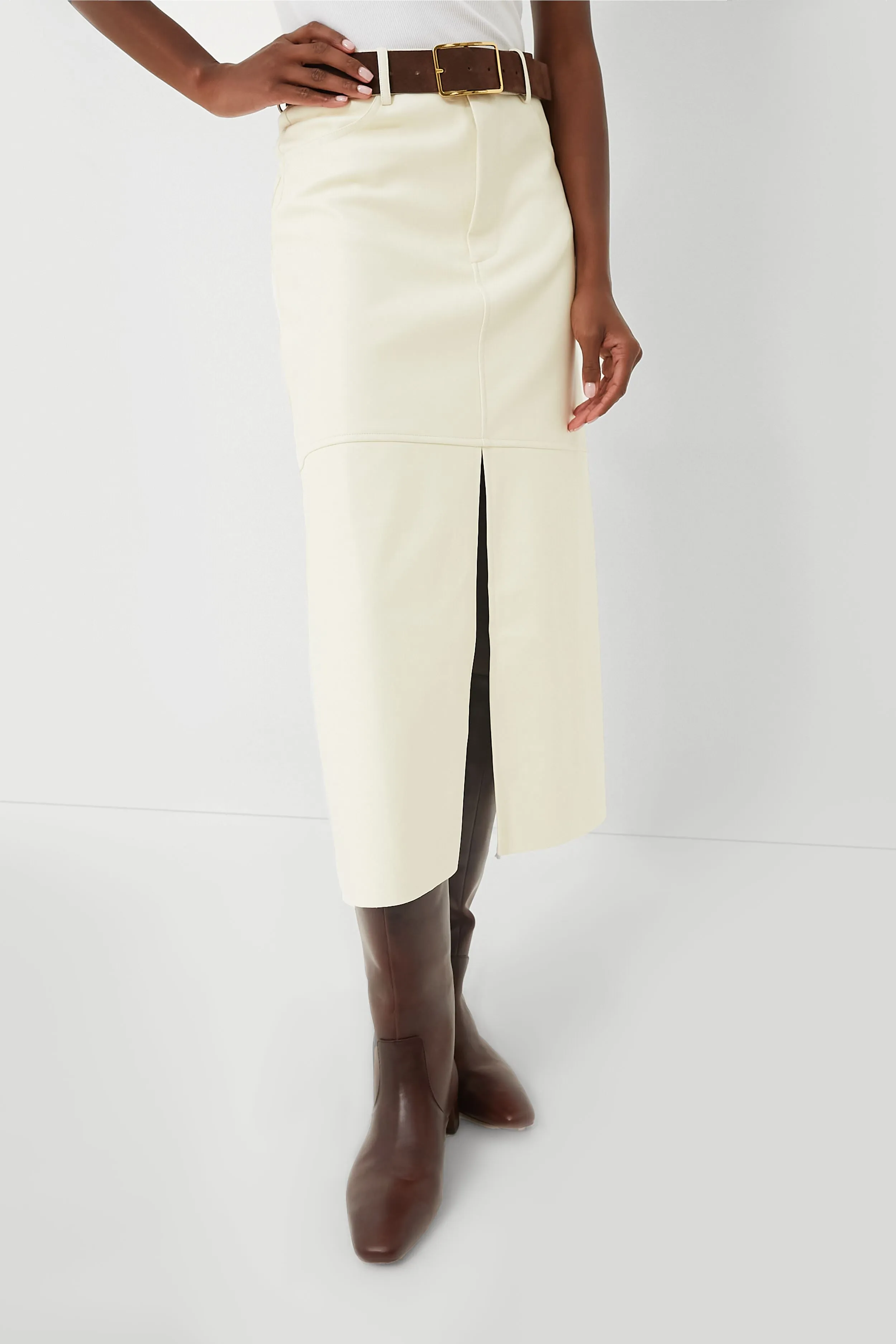 Ecru Vegan Leather Midi Skirt