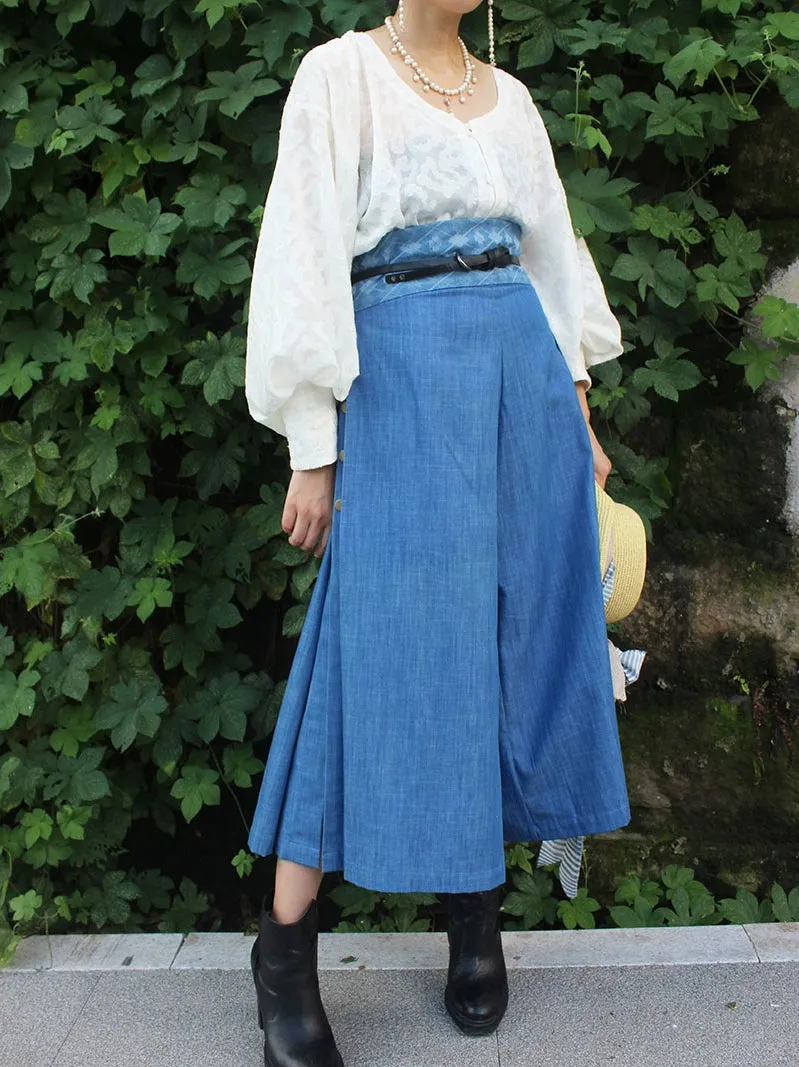 Empty Skies 空天 Modernized Tang Cotton Denim Duanshan Song Ku Trousers Set