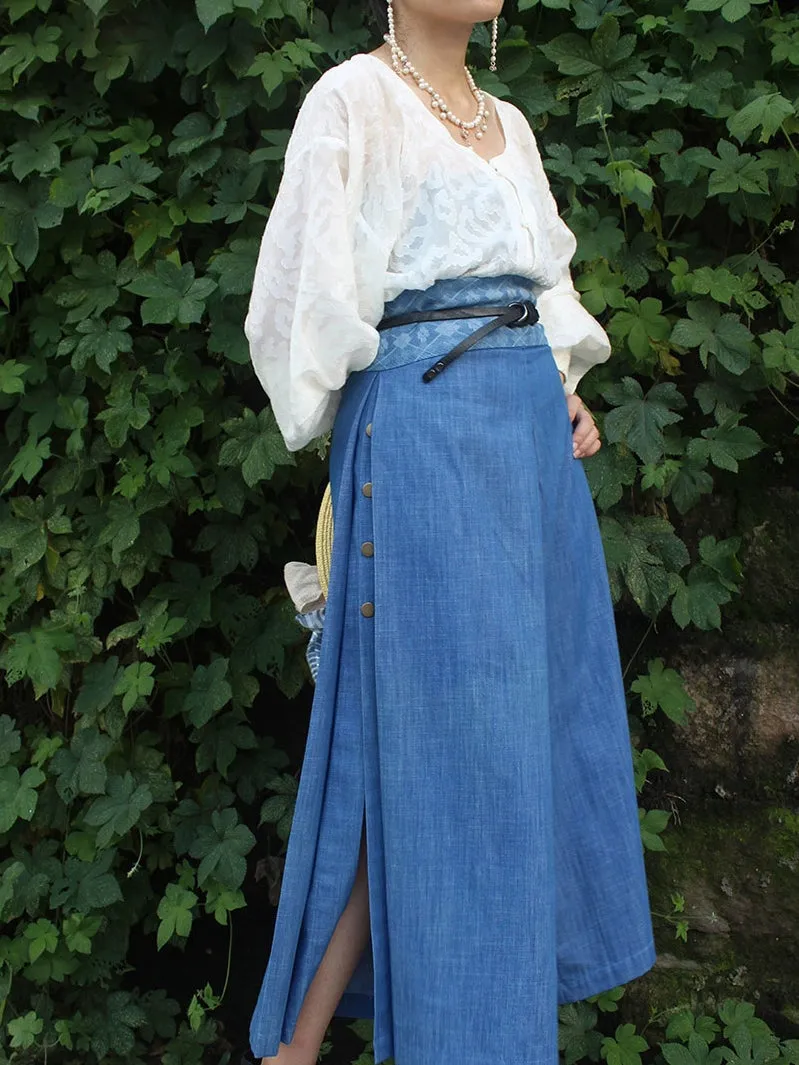 Empty Skies 空天 Modernized Tang Cotton Denim Duanshan Song Ku Trousers Set