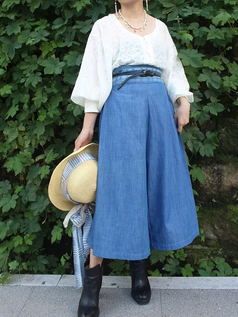 Empty Skies 空天 Modernized Tang Cotton Denim Duanshan Song Ku Trousers Set