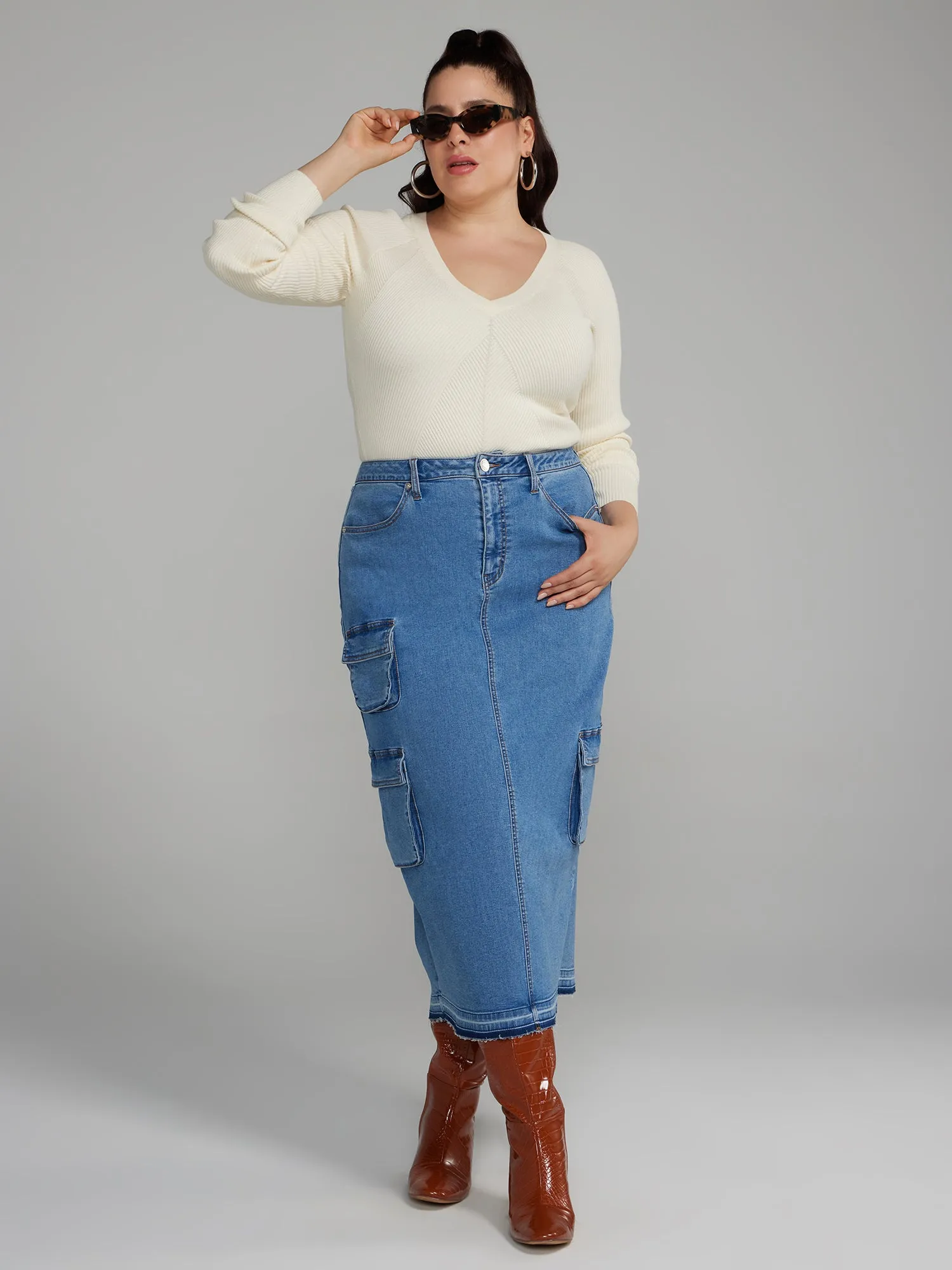 Fashion To Figure - Cargo Denim Midi Skirt