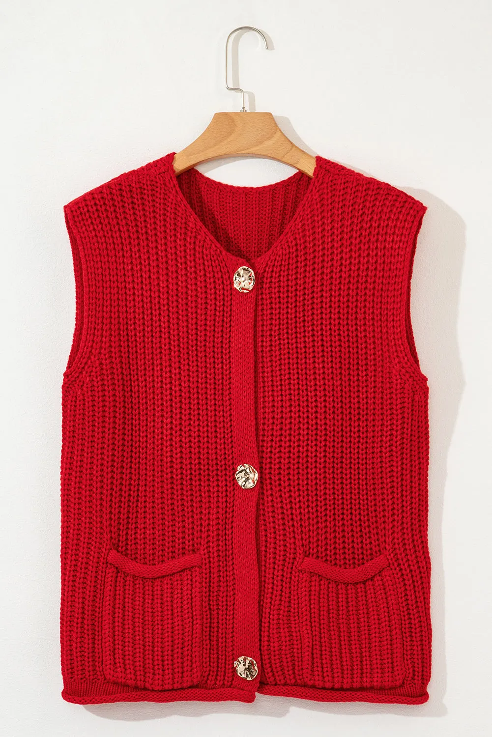 Fiery Red Solid Textured Knit Side Pockets Buttoned Sweater Vest