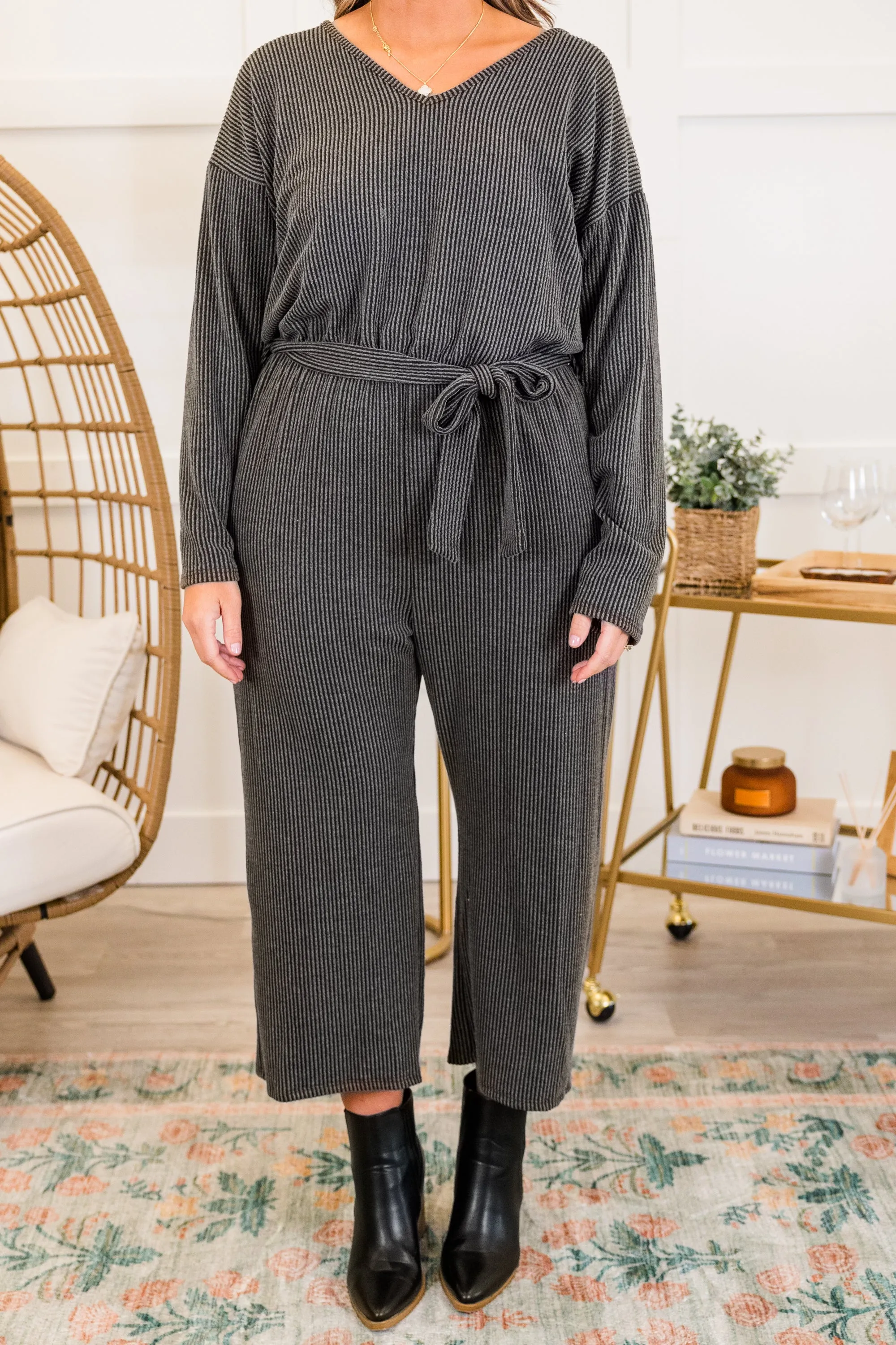 Firepits and Cozy Knits Jumpsuit, Charcoal