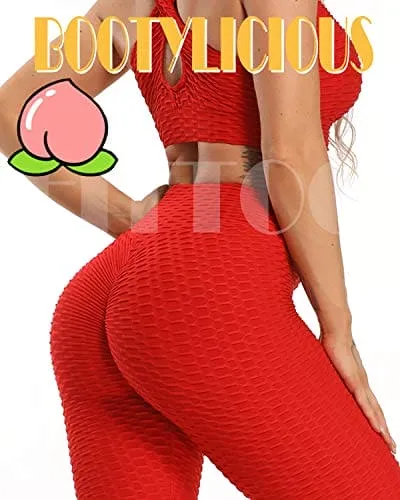 FITTOO Womens High Waisted Honeycomb Ruched Butt Scrunched Booty Leggings Workout Running Lift Textured Tights (A-Peach Butt Red)