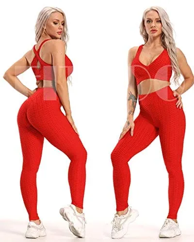 FITTOO Womens High Waisted Honeycomb Ruched Butt Scrunched Booty Leggings Workout Running Lift Textured Tights (A-Peach Butt Red)