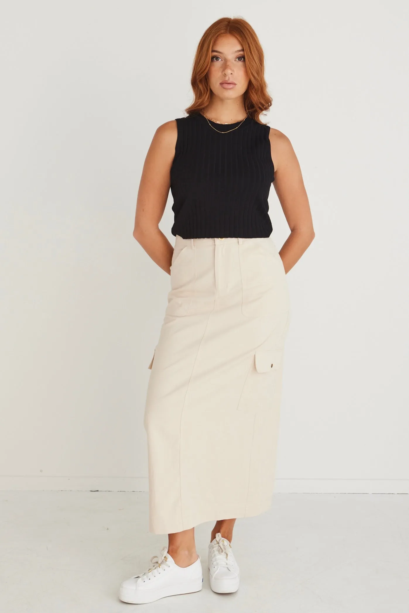 Frank Ivory Cotton Utility Midi Skirt