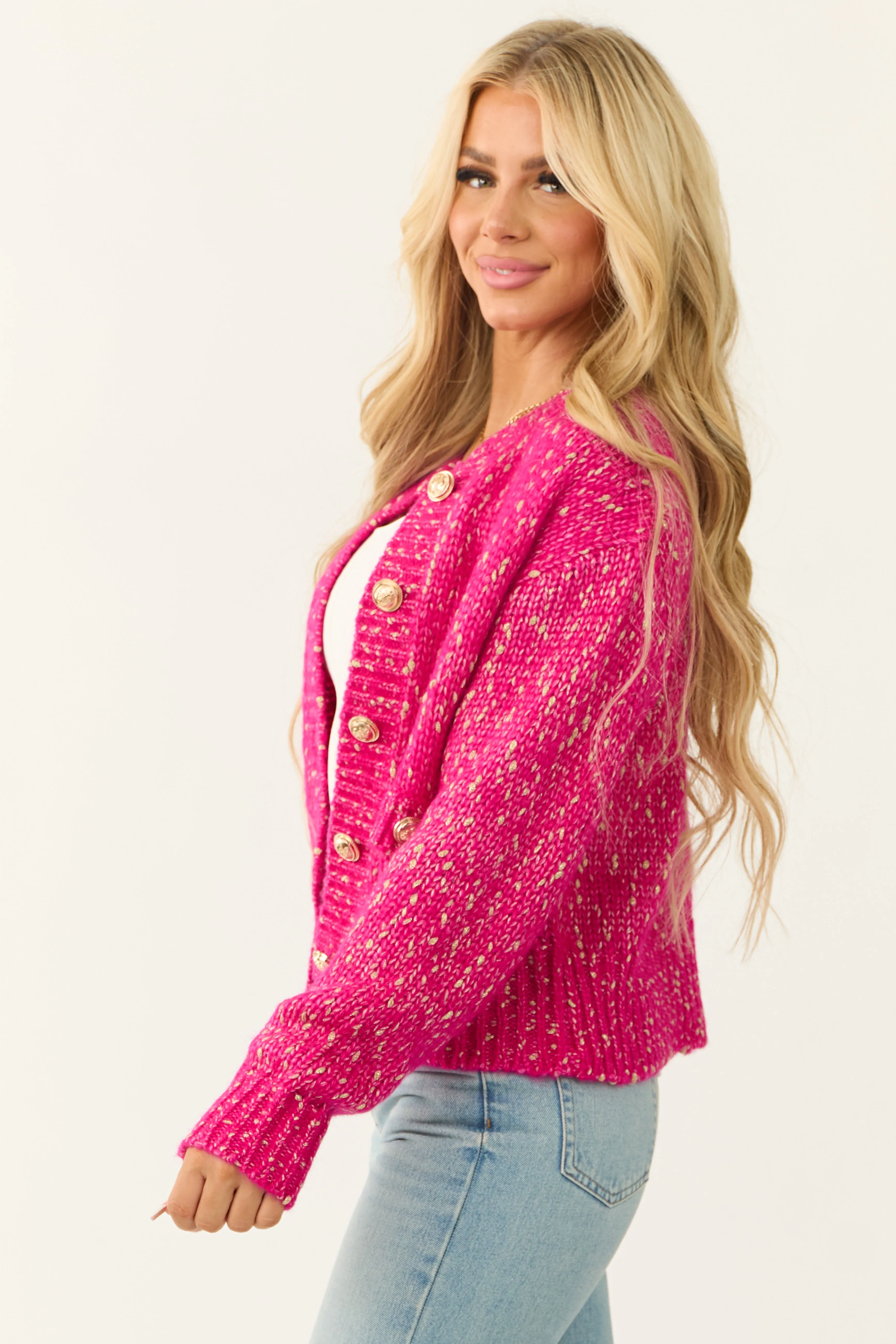 Fuchsia Speckled Yarn Knit Button Up Thick Cardigan