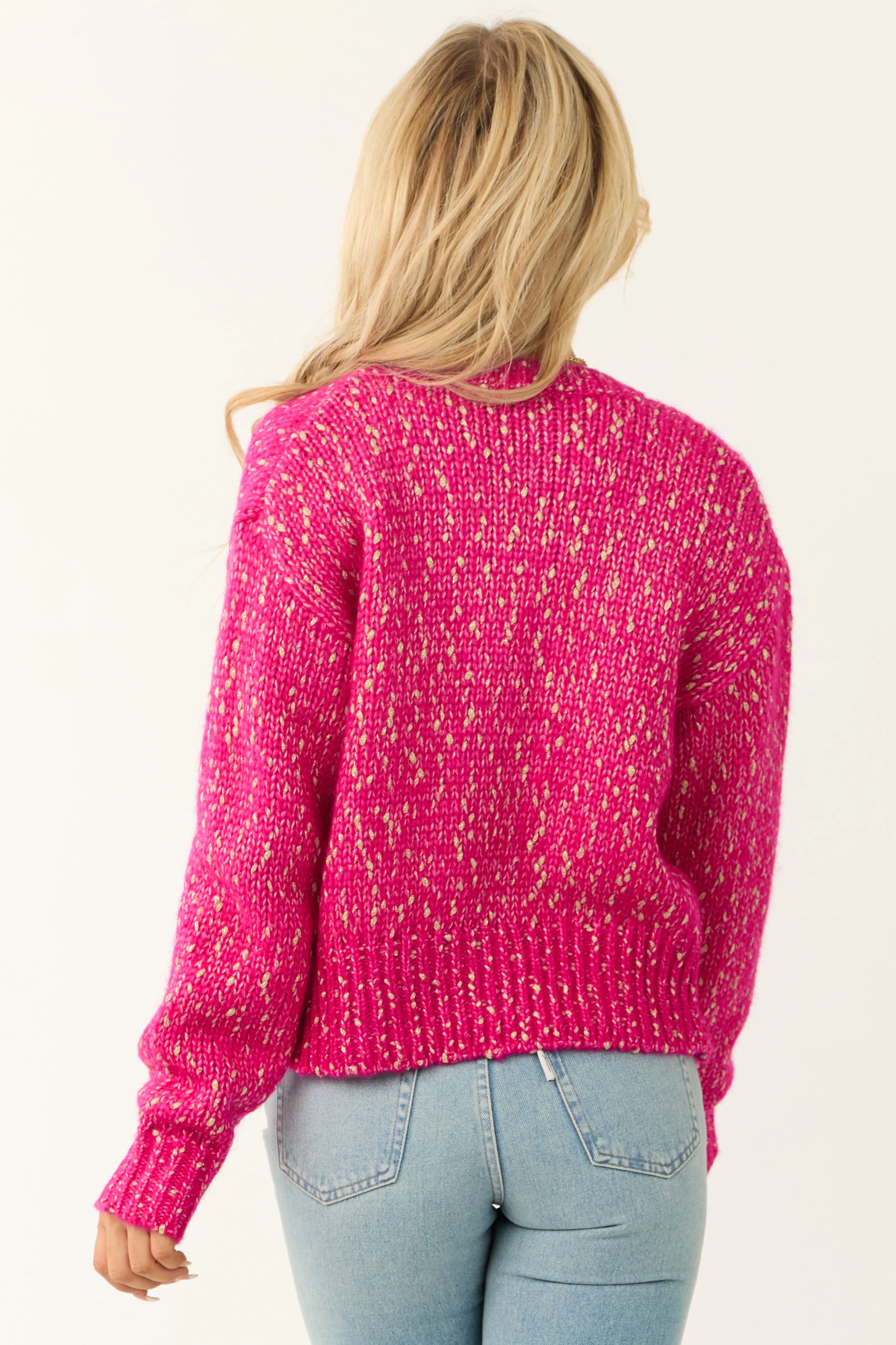 Fuchsia Speckled Yarn Knit Button Up Thick Cardigan