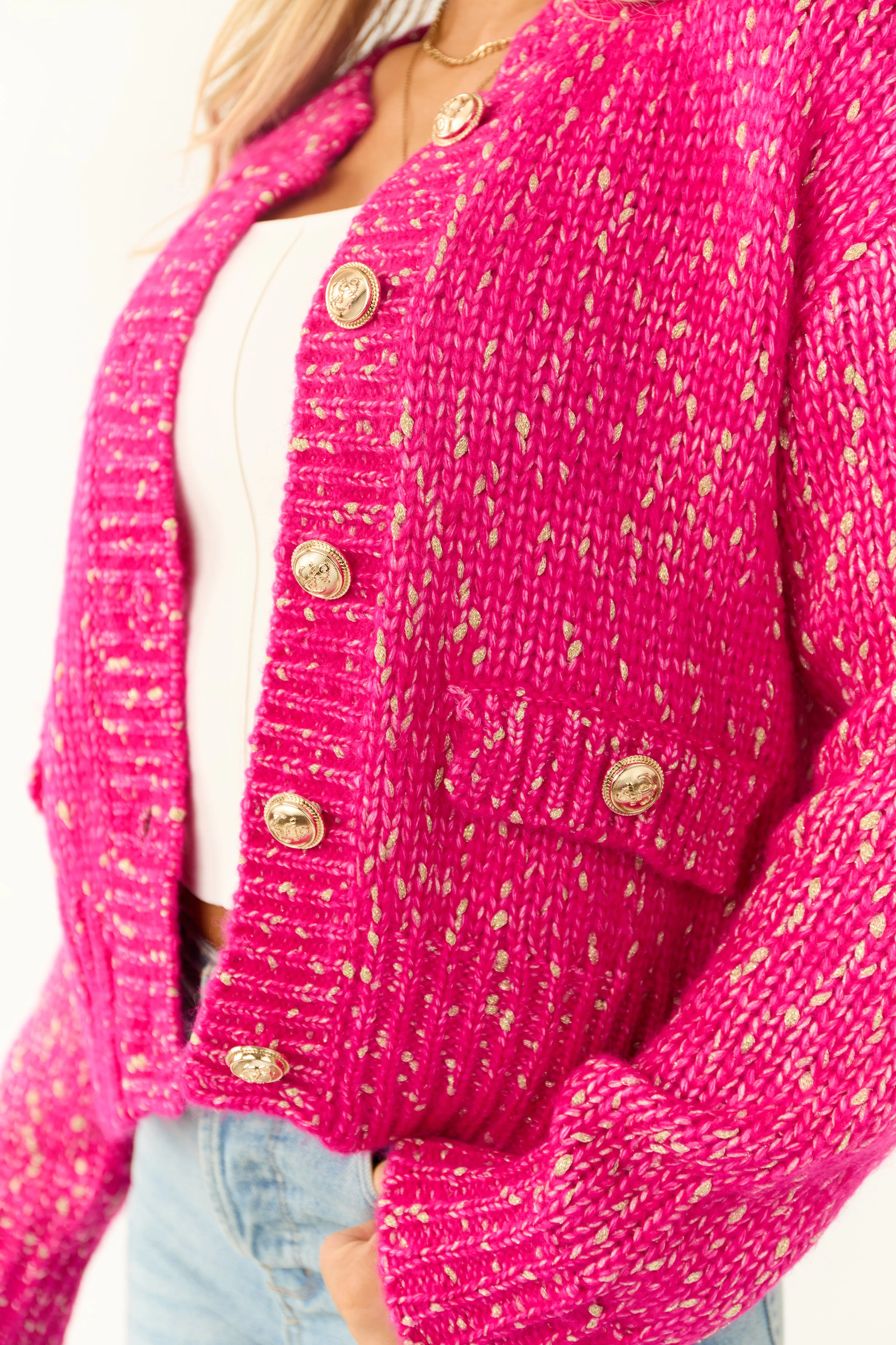 Fuchsia Speckled Yarn Knit Button Up Thick Cardigan