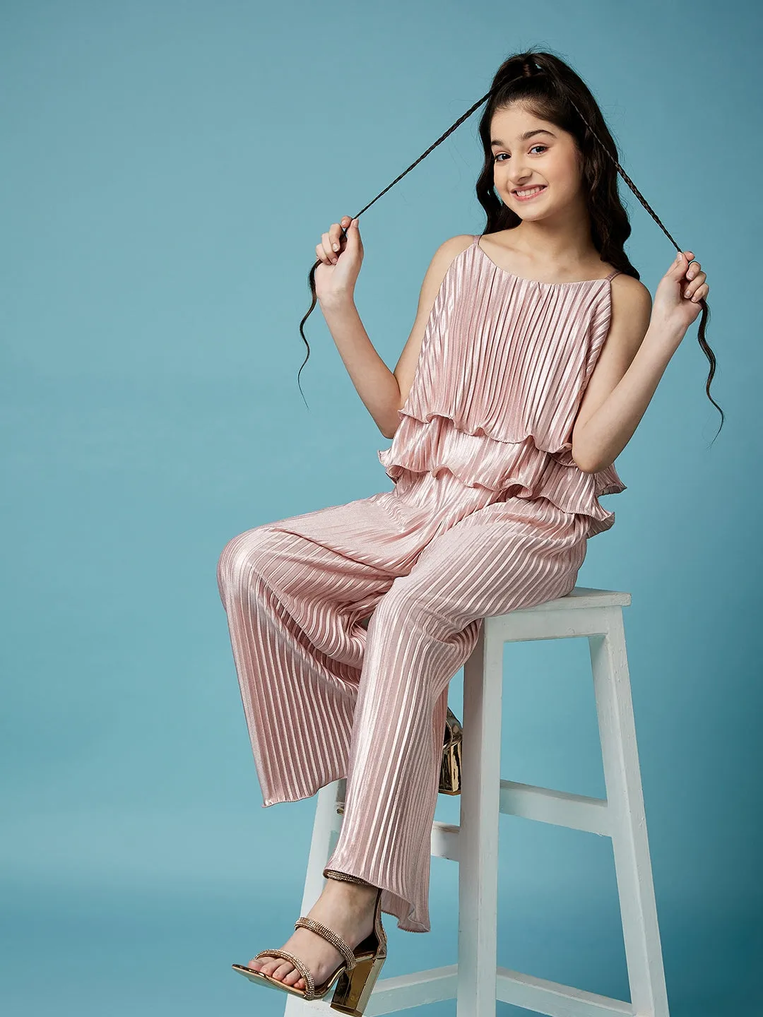 Girls Accordion Pleated Basic Jumpsuit