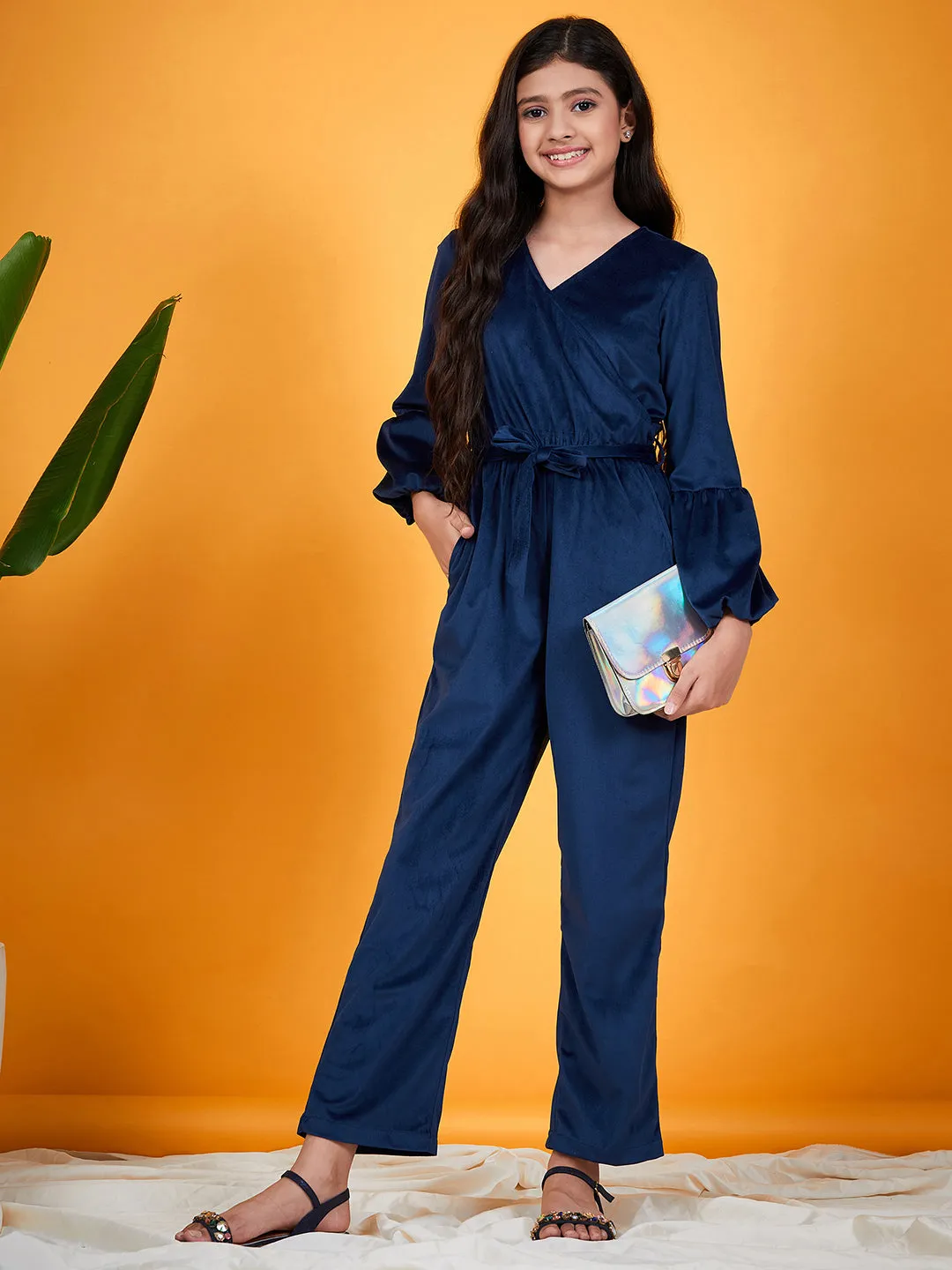 Girls Puff Sleeves Waist Tie Ups Basic Jumpsuit