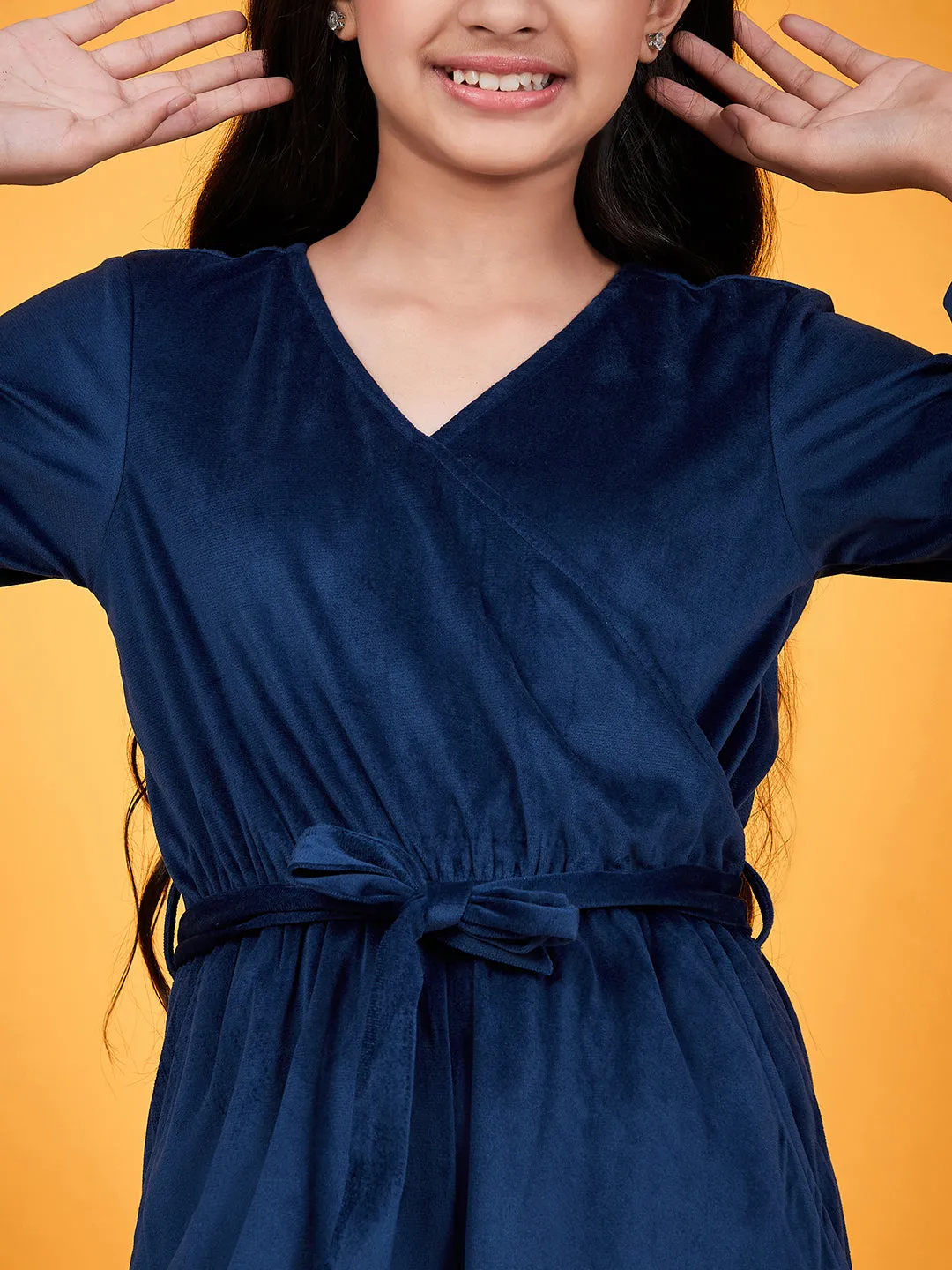 Girls Puff Sleeves Waist Tie Ups Basic Jumpsuit