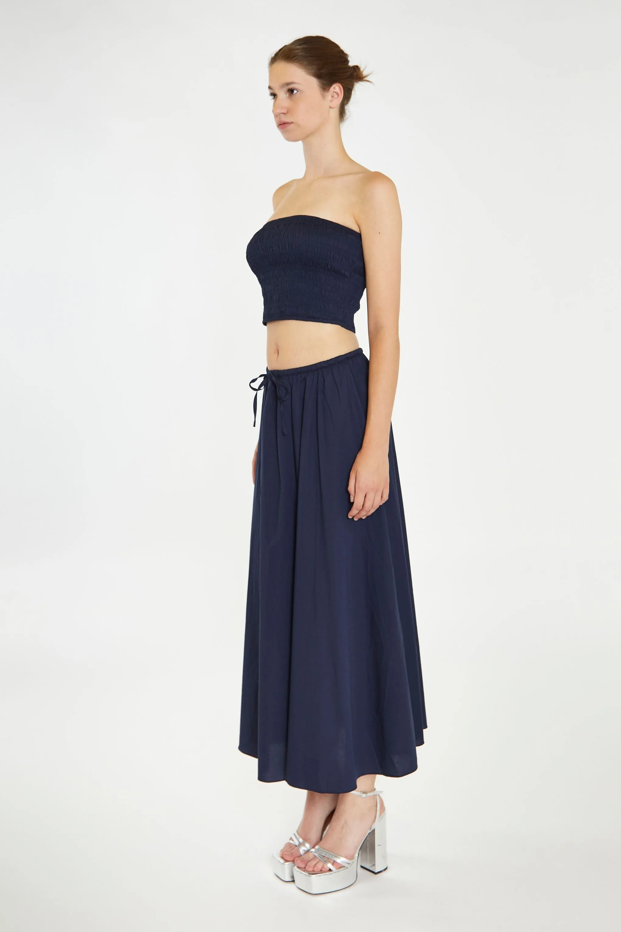 Glamorous - Navy Blue Drawstring Waist Midi Skirt